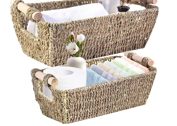 Rolling towels and storing them in a basket or on a shelf