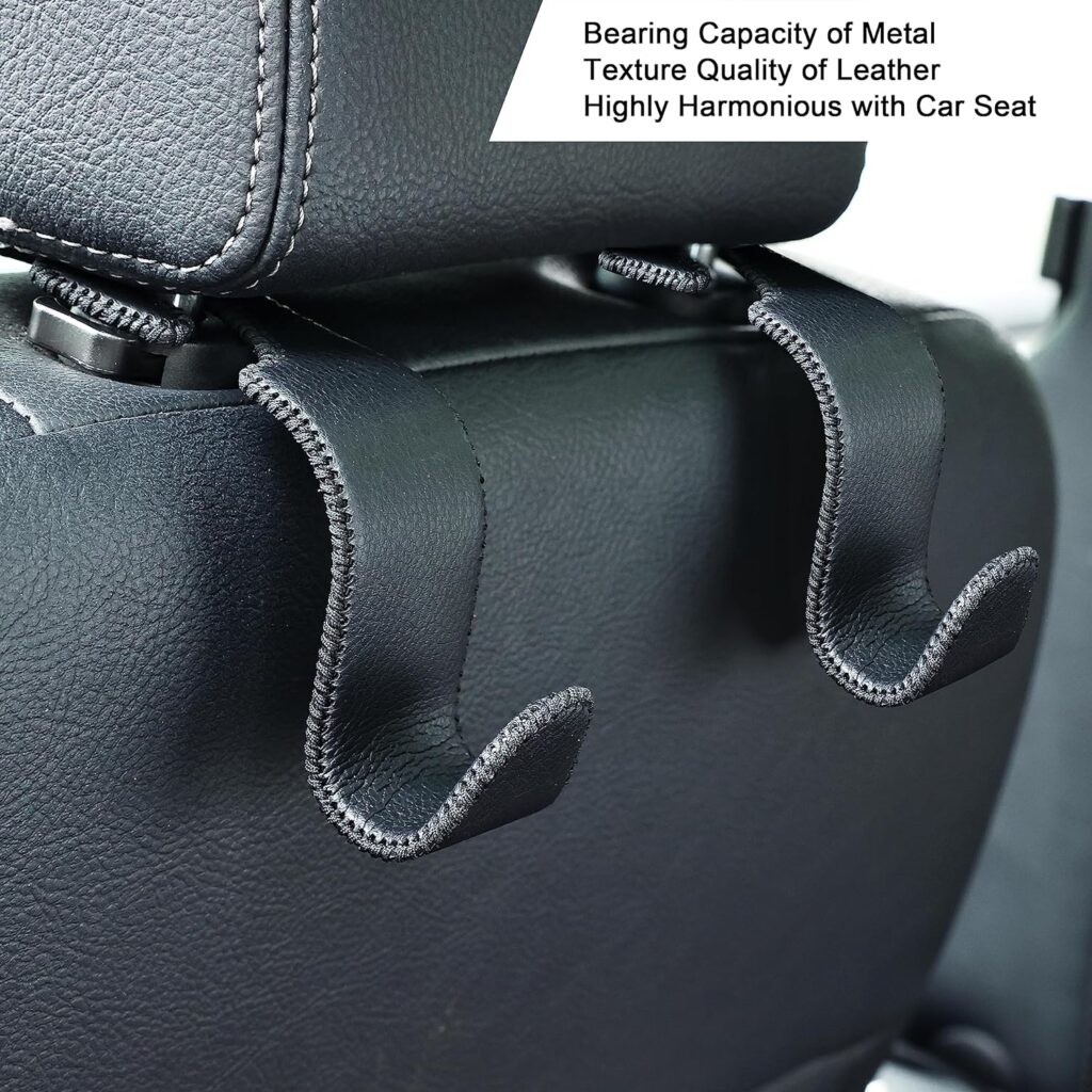 Amooca Car Seat Headrest Hook Universal Vehicle Storage Hanger Leather with Metal Car Seat Back Organizer for Handbag Purse Coat Black 2 Pack