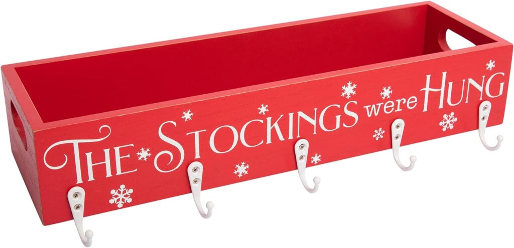 HPC Decor Christmas Stocking Holders, Wooden Box with 5 Hook Stockings Hangers Christmas Decoration for Fireplace Mantel Wood Organizer Storage