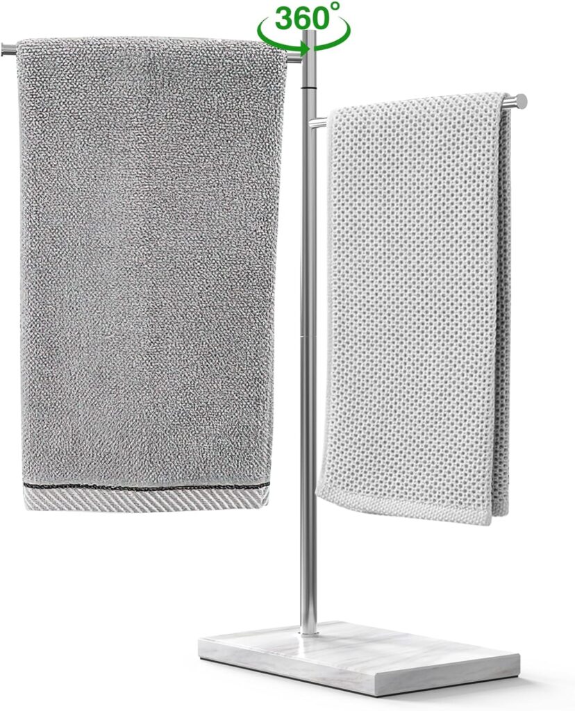 Luxspire Marble Hand Towel Holder, Countertop Free Standing Hand Towel Stand, Natural Marble Base Stainless Steel Rotatable Hand Towel Stand for Bathroom Kitchen Restroom Counter, 17 inch, F-Shape