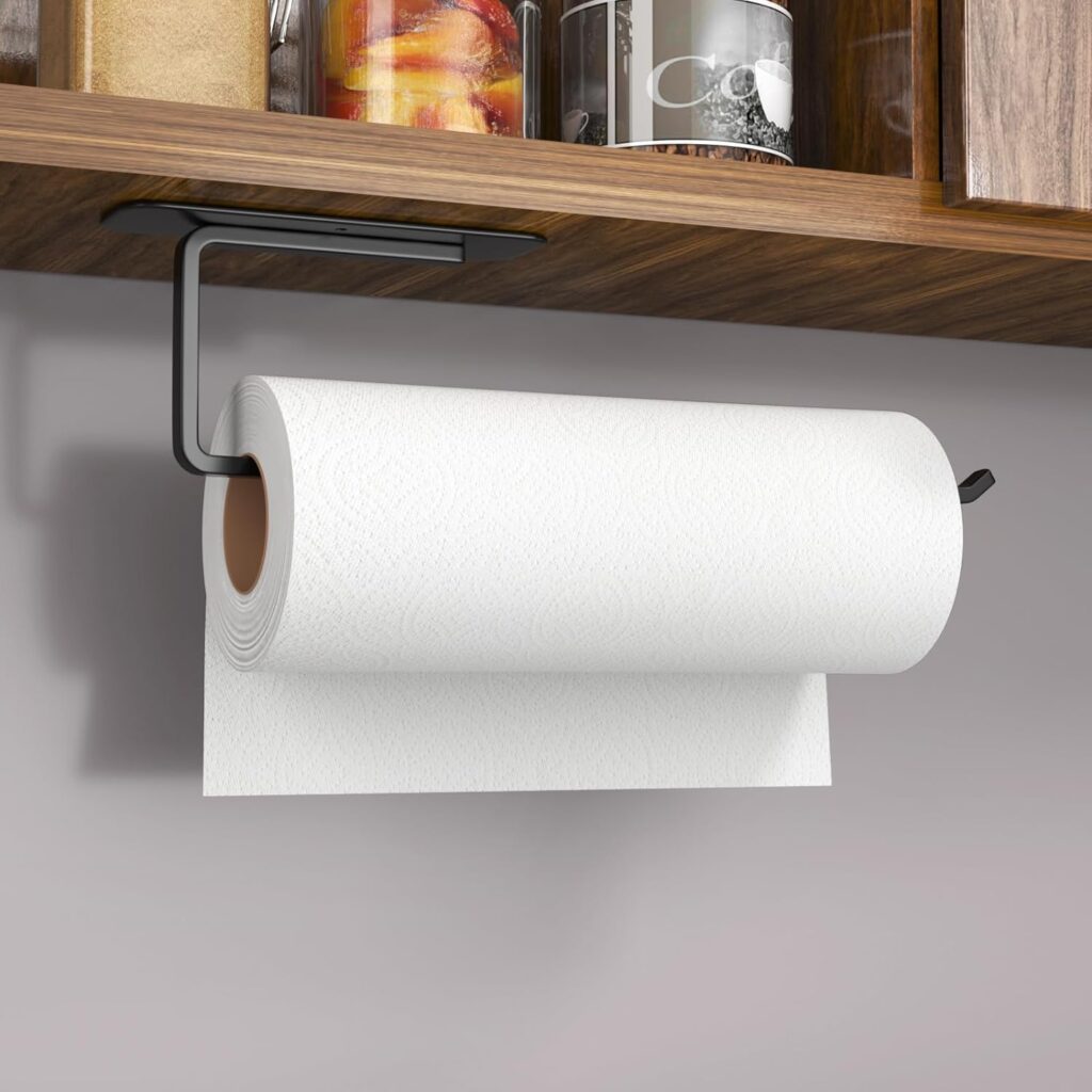 Paper Towel Holder Under Cabinet - Both Available in Adhesive and Drilling, Black Paper Towel Holder Wall Mount, Upgraded Aluminum Paper Towel Rack for Kitchen, Bathroom