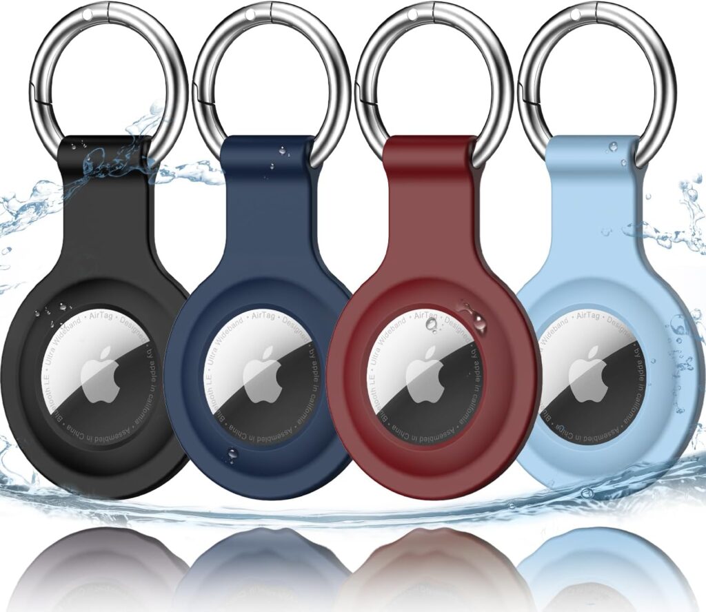 R-fun Airtag Holder with Keychain, [4 Pack] Silicone AirTag case Cover with Key Rings for Wallet, Dog Collar, Luggage, and Keys-Black/Navy/Wine Red/Sky Blue