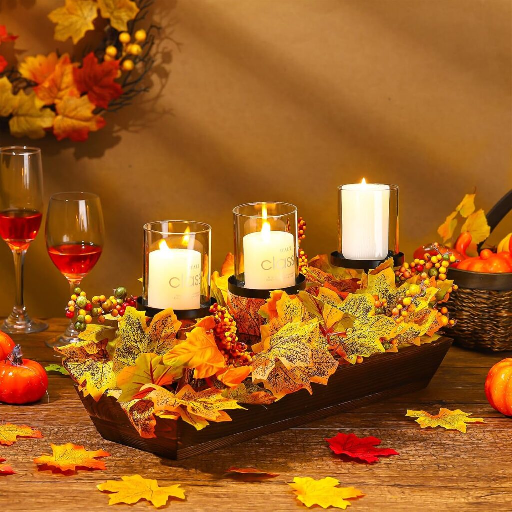 Suttmin Fall Harvest Centerpiece Fall Thanksgiving Maple Leaves Candle Holder with 3 Candle Holders And 3 Glass Cups, Artificial Maple Leaf Candle Holders with Pumpkins Berries for Thanksgiving Autumn