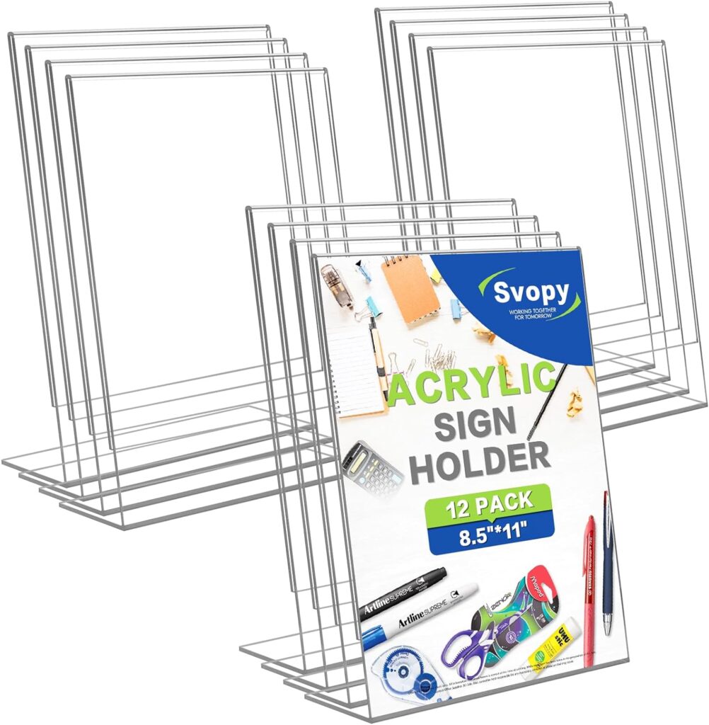 SVOPY Acrylic Sign Stand Holder - 8.5x11 Inches Plastic Acrylic Literature Holders, 12 Pack Sign Holders Suit for Flyer, Magazine, Pamphlet, Booklet Display