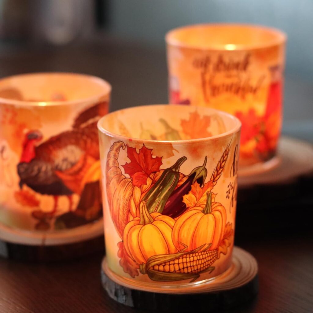 Thanksgiving Candle Holders 4PCS, SHMILMH Glass Votive Candle Holders Tea Lights Candle Jars for Fall Table Centerpiece Decoration, Fireplace, Mantel