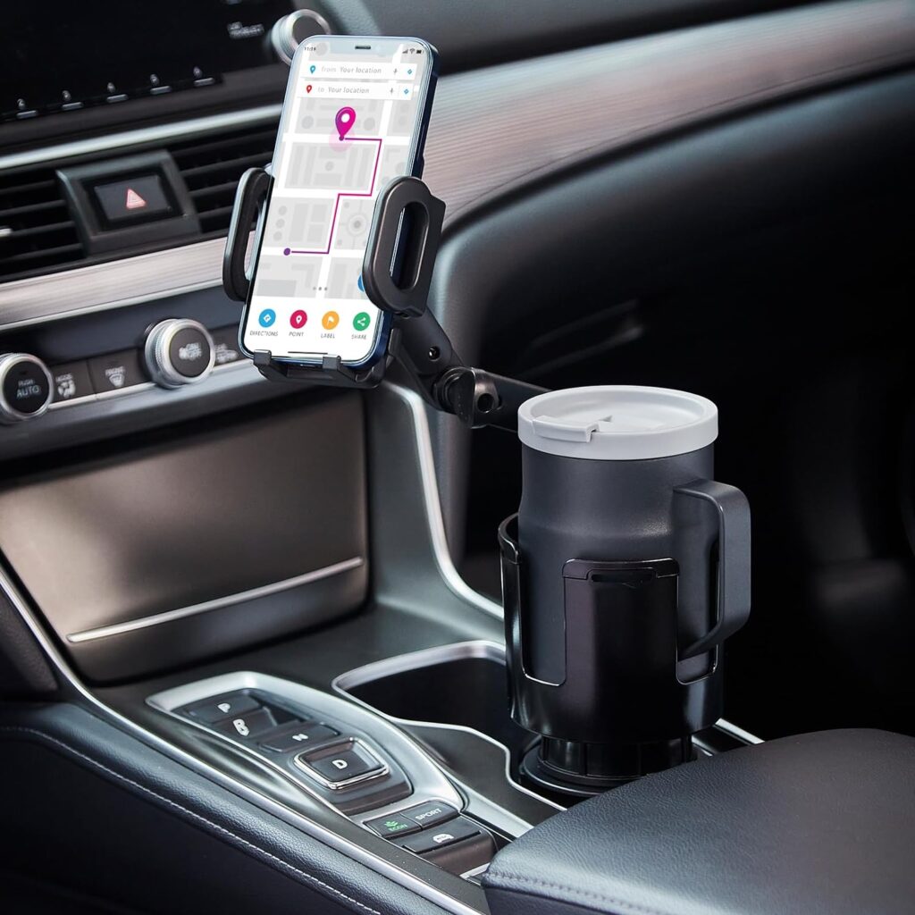 Cup Holder Expander for Car with Phone Mount,THIS HILL 2 in 1 Car Cup Holder Expander Adjustable Base, 360°Rotation, Cup Holder Cell Phone Holder for Car Compatible with iPhone All Smartphones