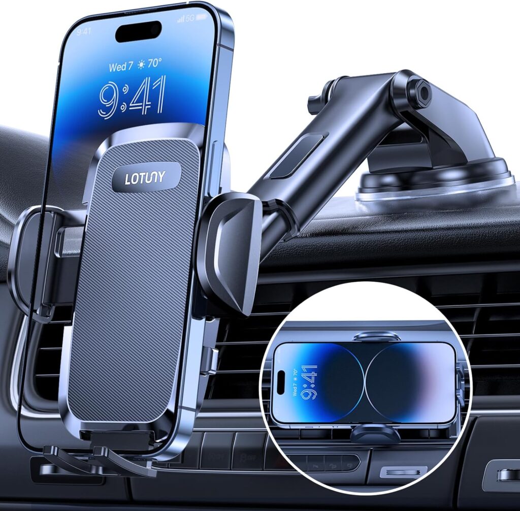 Lotuny Car Phone Holder, Universal Hands-Free Phone Holders for Your Car, 3-in-1 Phone Mount for Car Dashboard Windshield Air Vent Compatible with iPhone Samsung Google and All 4 to 7.2 Phones