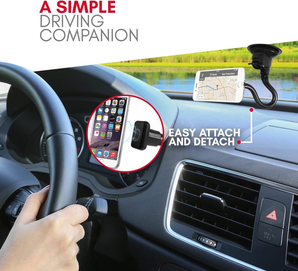 Macally Windshield Phone Mount for Car Magnetic - Suction Cup Window Mount Phone Holder with 12 Long Gooseneck Arm Super Strong Magnet Mount for Cell Phone, iPhone, Smartphone