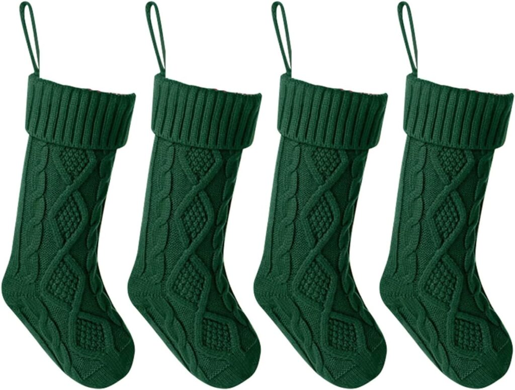Personalized Christmas Stockings 4 Pcs Knite 18 Large Green Stocking in Bulk Hanging Stocking Decorations Xmas Rustic Art Decor for Tree Gifts Family Holiday Party Fireplace Home Festive Indoor